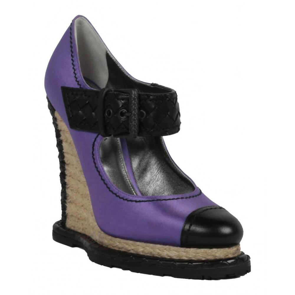 NEW BOTTEGA VENETA women's mary jane espadrille wedge heel in lilac black